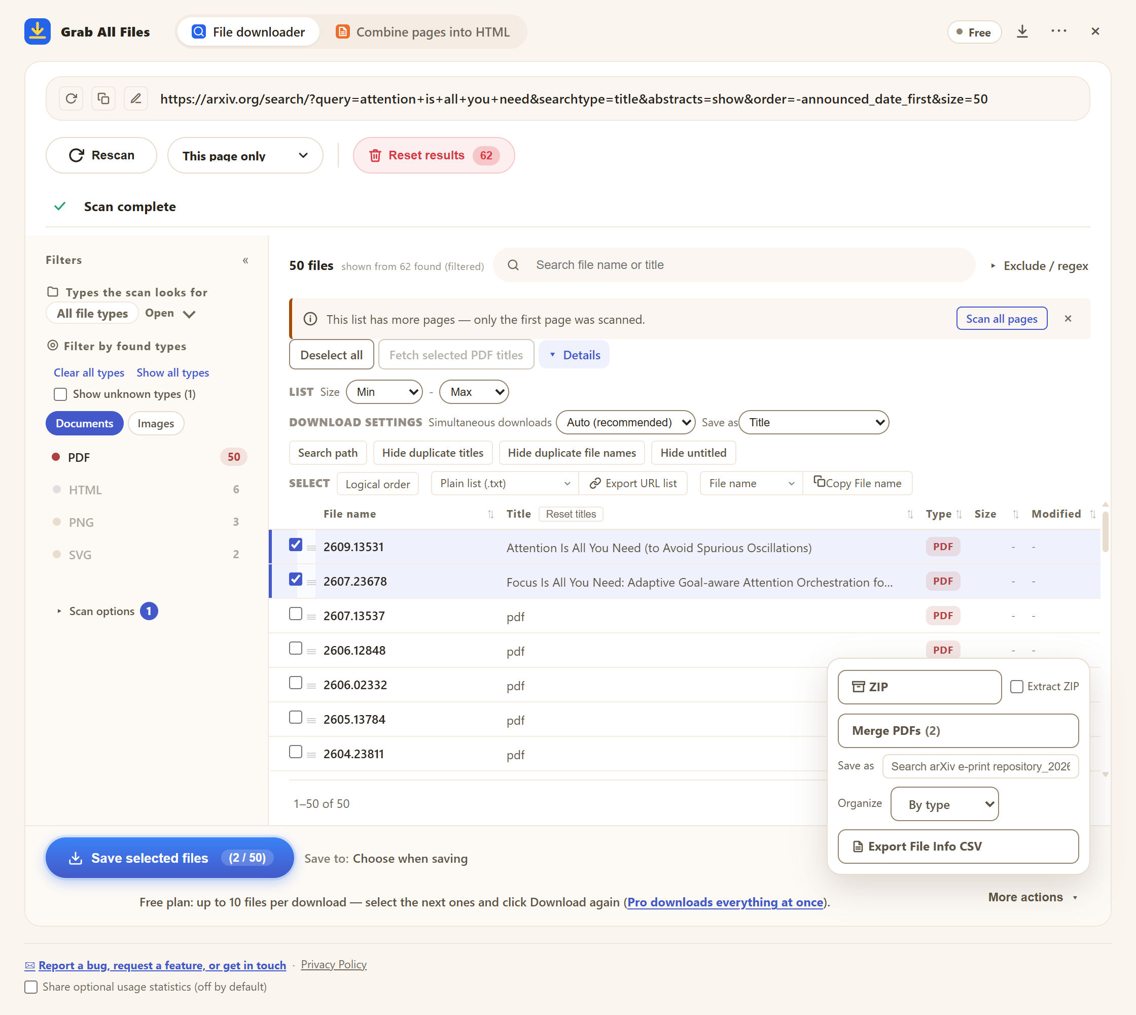 Grab All Files détectant des liens publics arXiv avec filtre PDF et sélection des fichiers