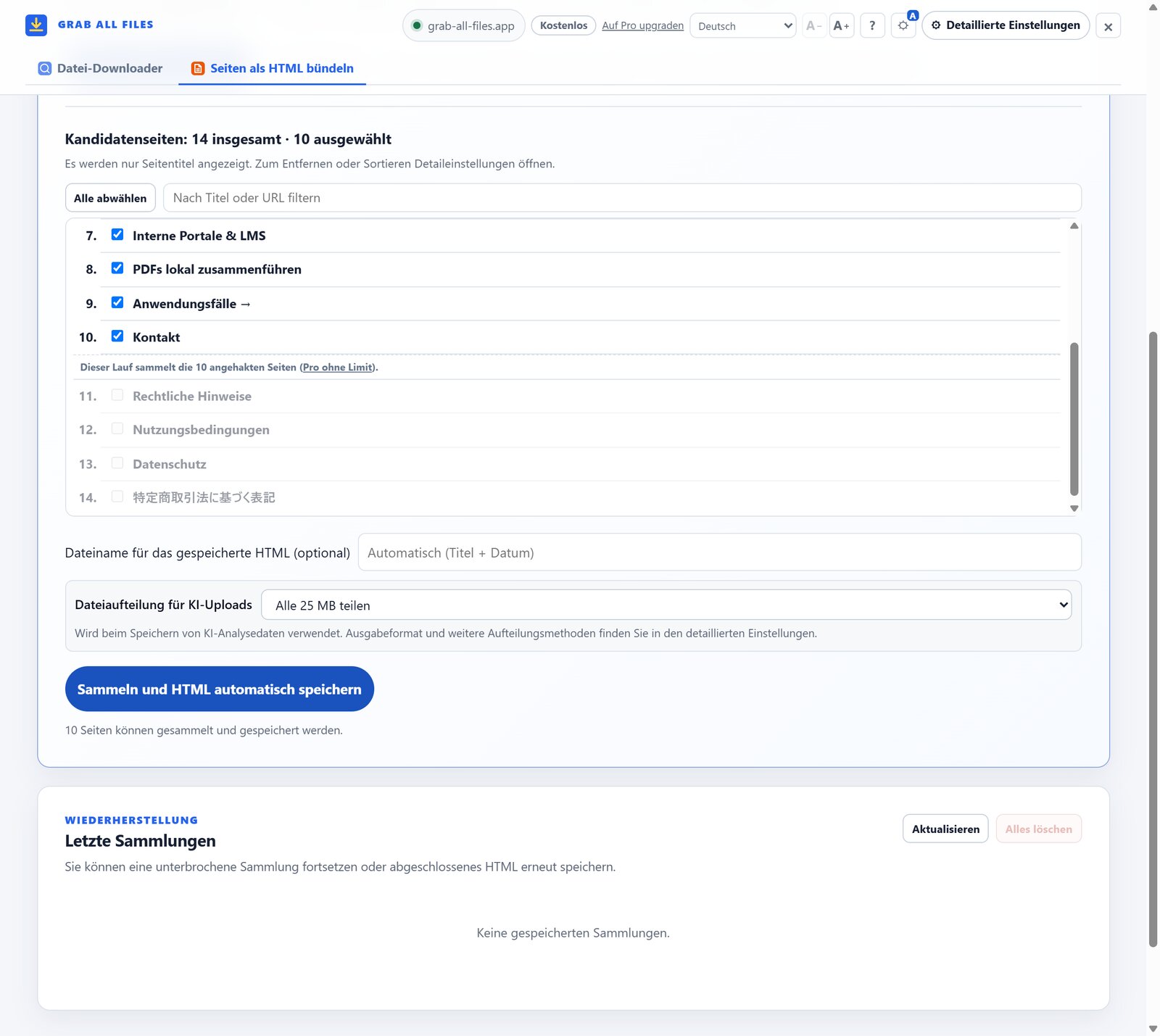 Seitensammlung mit geprüften Kandidatenseiten, optionaler 25-MB-Aufteilung für KI-Uploads und automatischer HTML-Speicherung