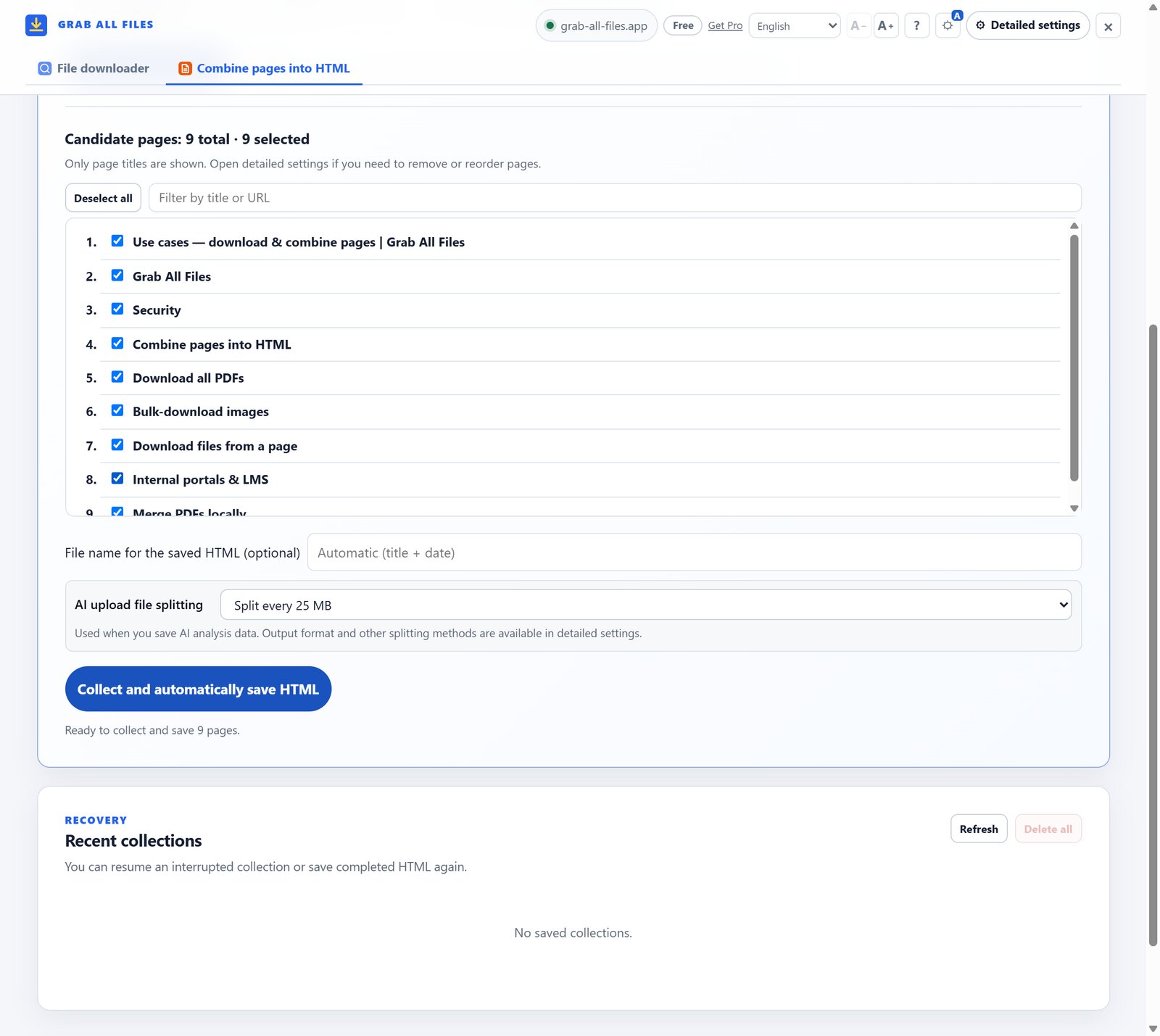 Grab All Files Web Page Collector Pro view with multiple page candidates; Free uses the candidate list with exactly one selected page