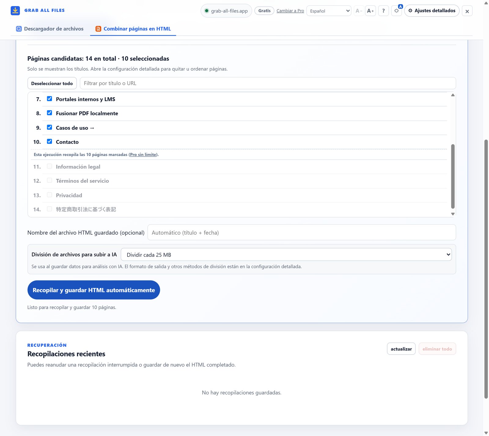Recopilador de páginas con candidatos revisados, división opcional de 25 MB para IA y guardado automático en HTML
