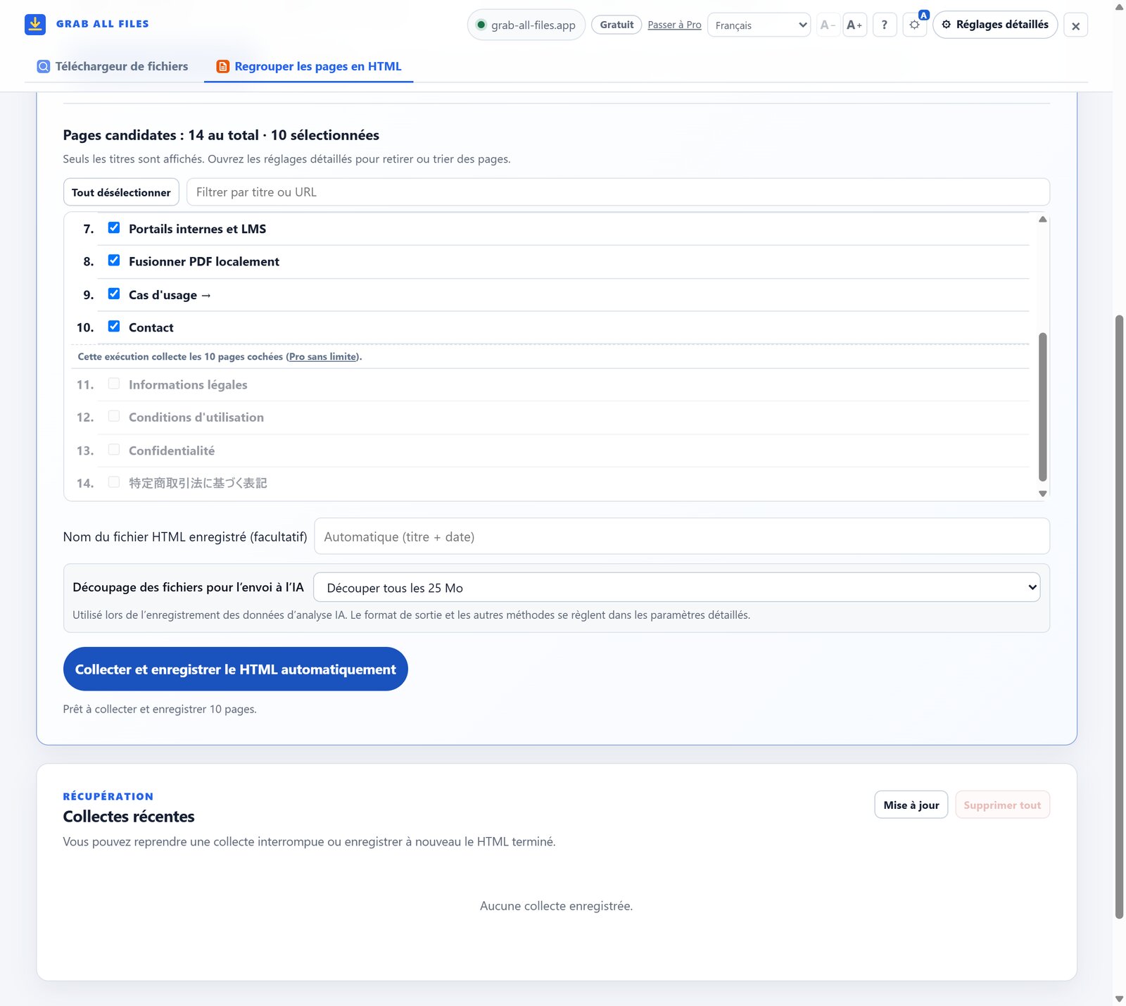 Collecteur de pages avec candidats vérifiés, découpage facultatif de 25 Mo pour l’IA et enregistrement HTML automatique