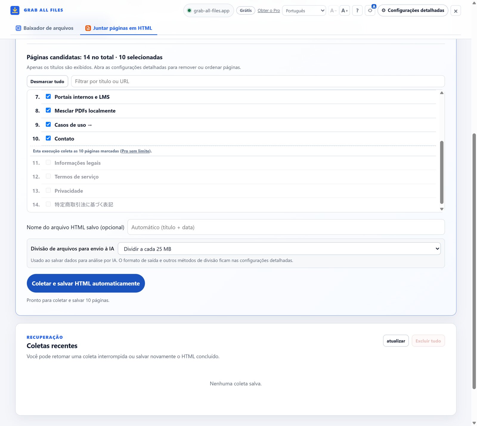 Coletor de páginas com candidatos revisados, divisão opcional de 25 MB para IA e salvamento automático em HTML