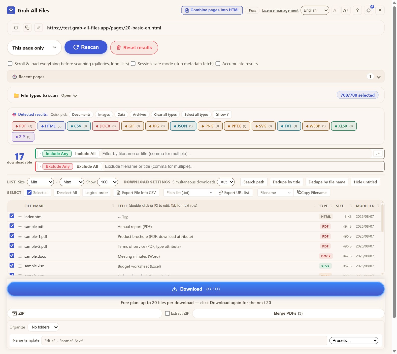 Grab All Files panel listing 17 detected files with type, size and modified date, plus download, ZIP and Merge PDFs controls