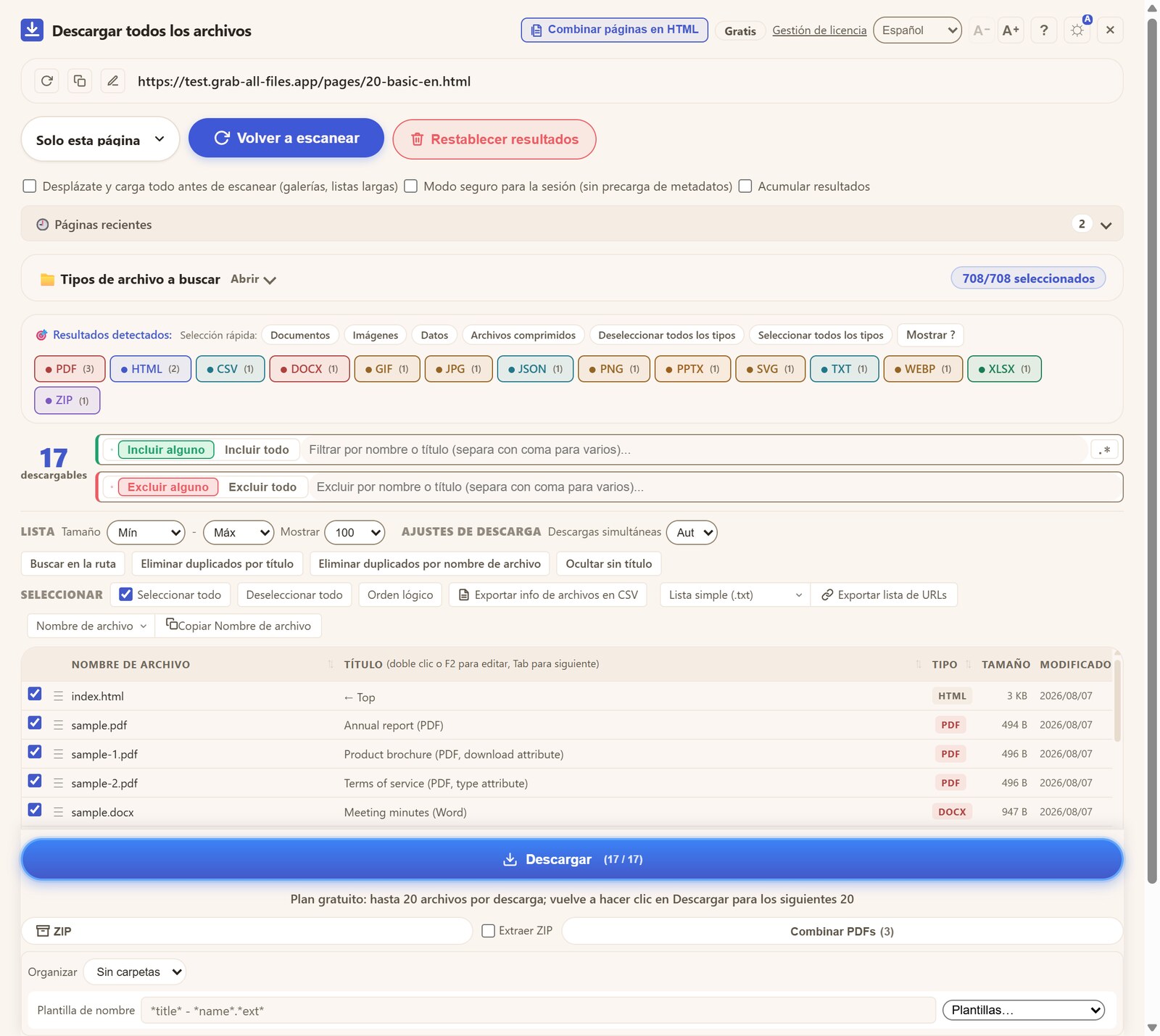 Panel con 17 archivos detectados, con tipo, tamaño y fecha de modificación, y botones de descarga, ZIP y combinar PDF