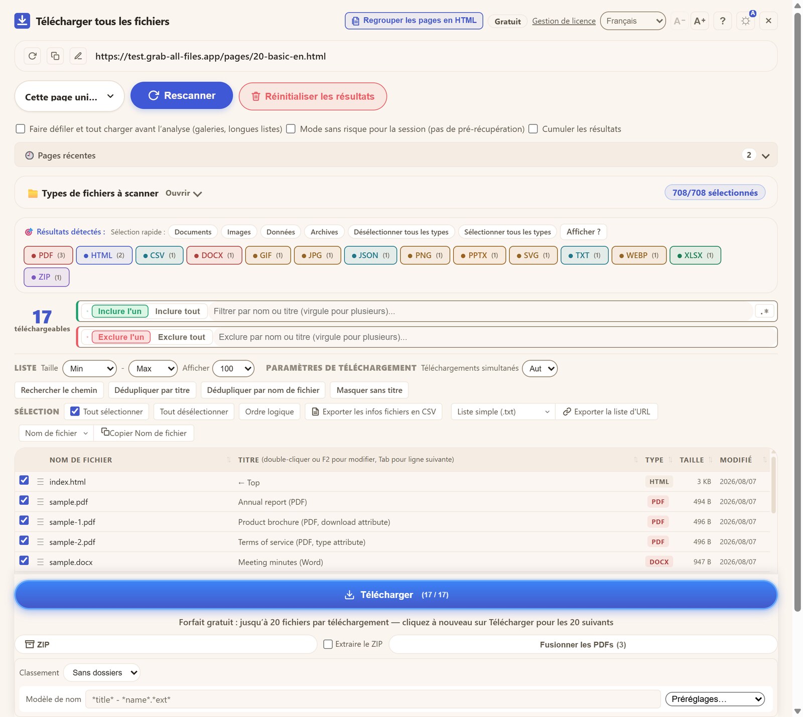 Panneau listant 17 fichiers détectés avec type, taille et date de modification, et les boutons téléchargement, ZIP et fusion PDF