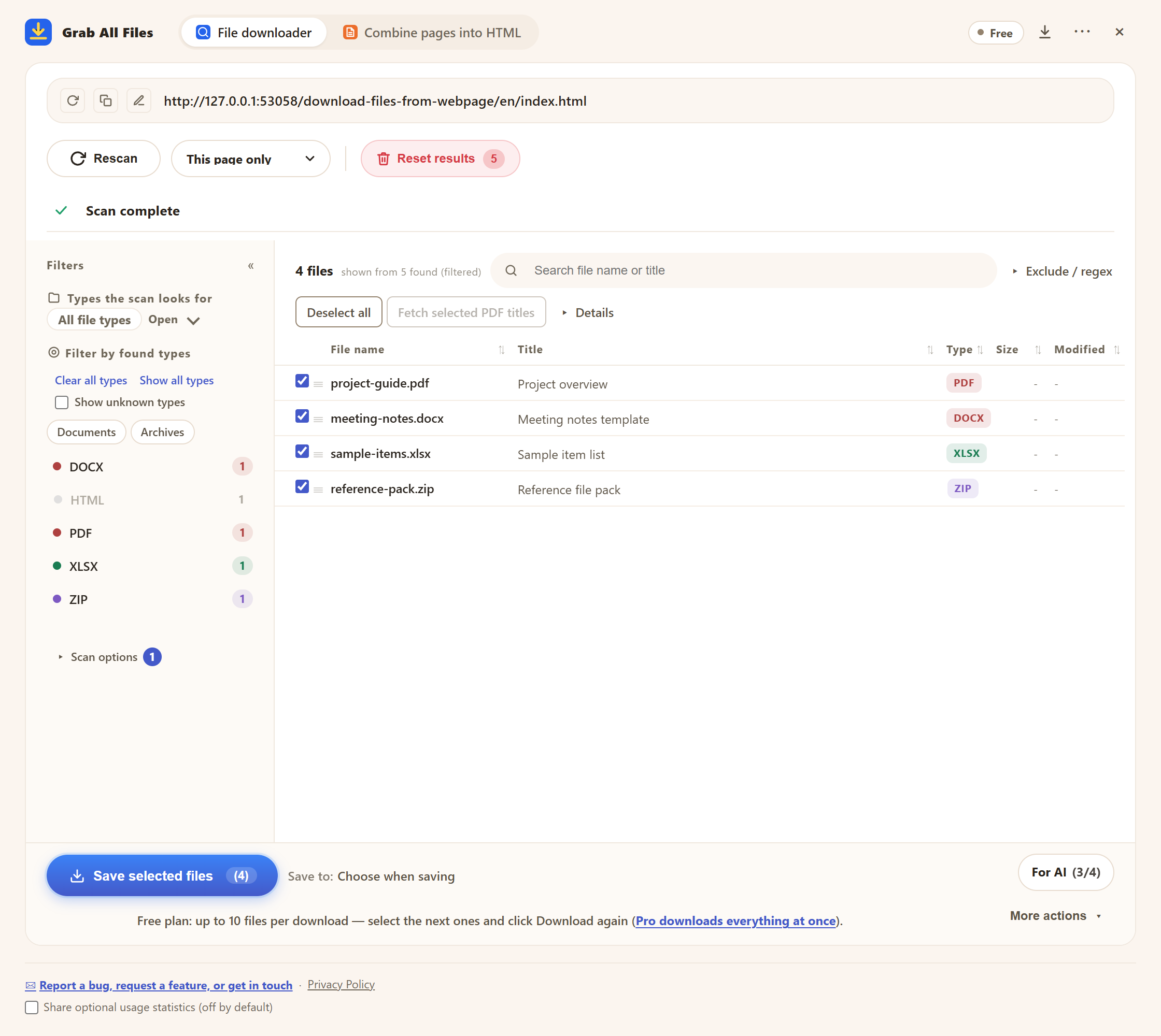 Écran réel de l’extension: Sélection de fichiers compatibles fictifs. Interface en anglais.