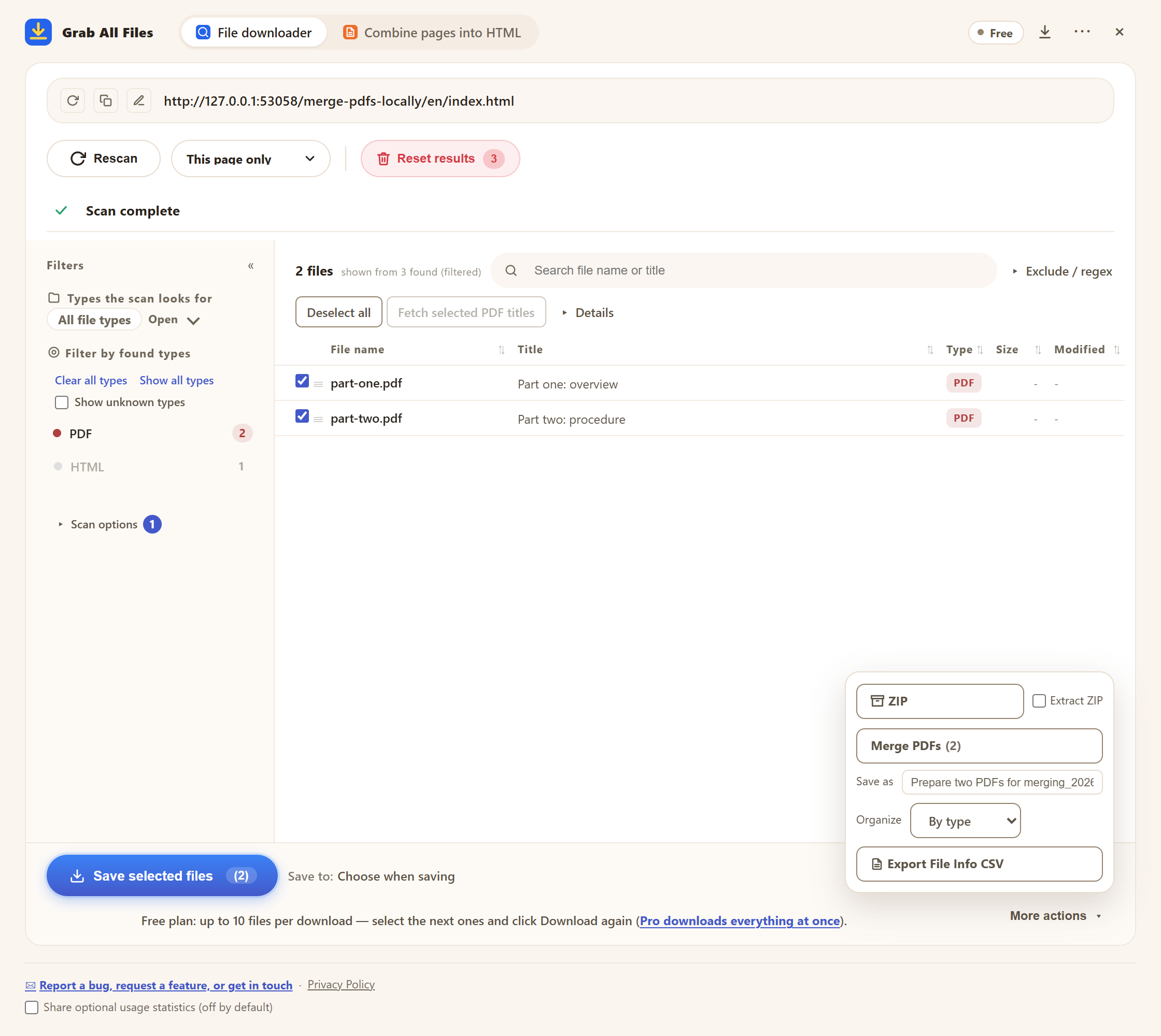 Écran réel de l’extension: Menu de fusion locale des PDF d’exemple sélectionnés. Interface en anglais.