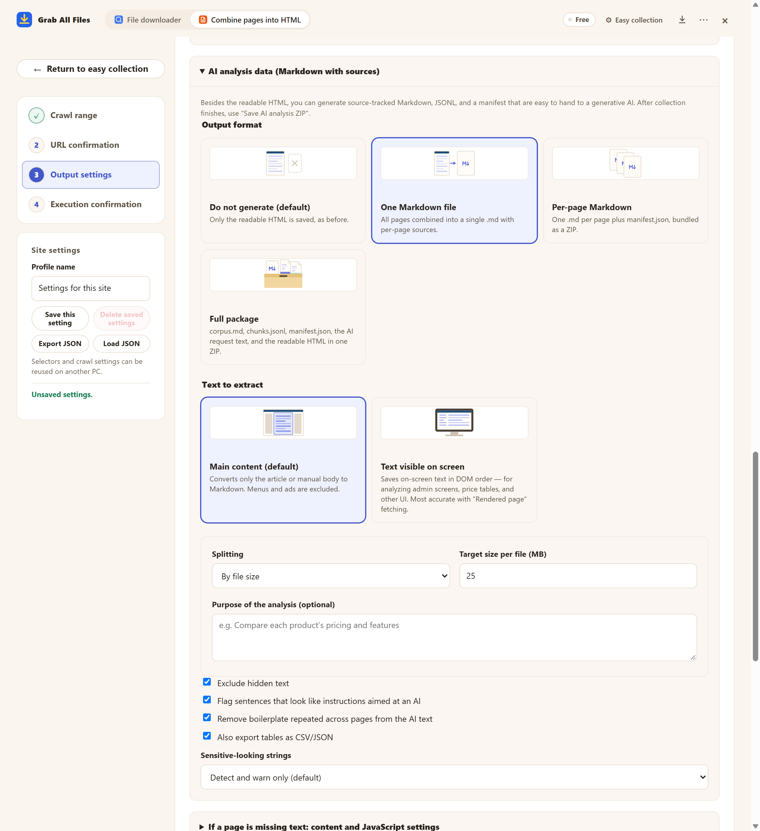 Écran réel de l’extension: Formats de sortie Markdown. Interface en anglais.