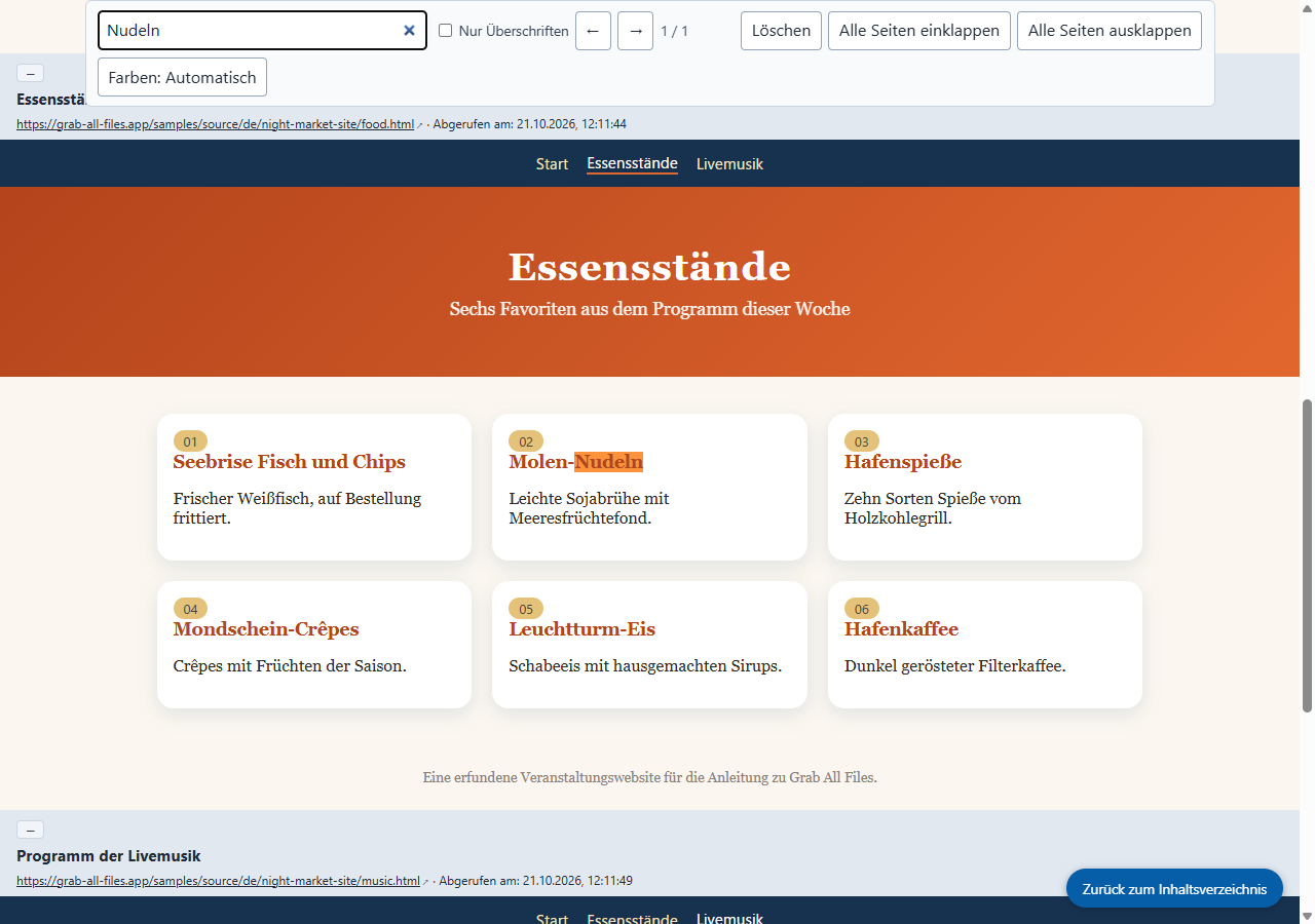 Das gespeicherte HTML, geöffnet und nach „Nudeln“ durchsucht (Screenshot von der Website)