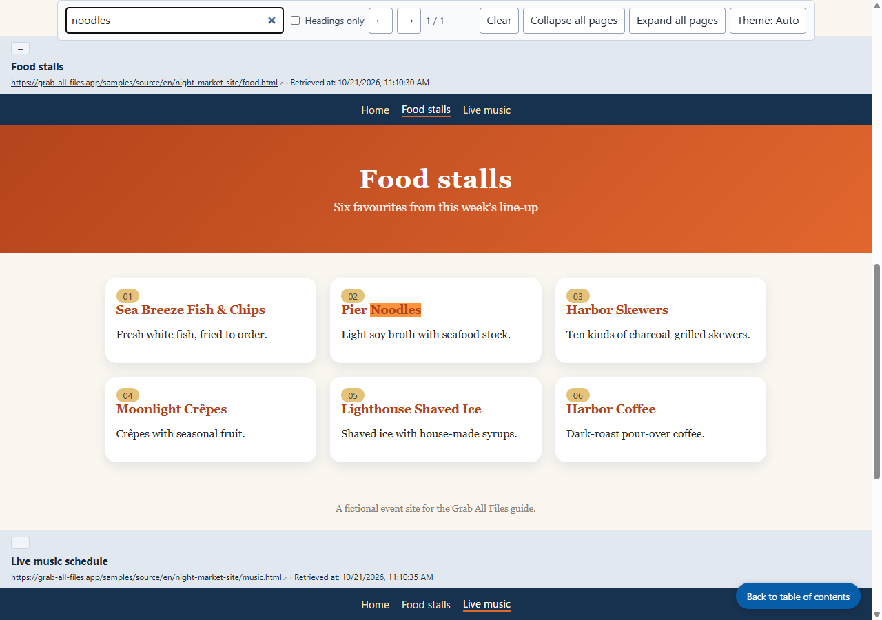 The saved HTML, opened and searched for “noodles” (screenshot taken by the site)