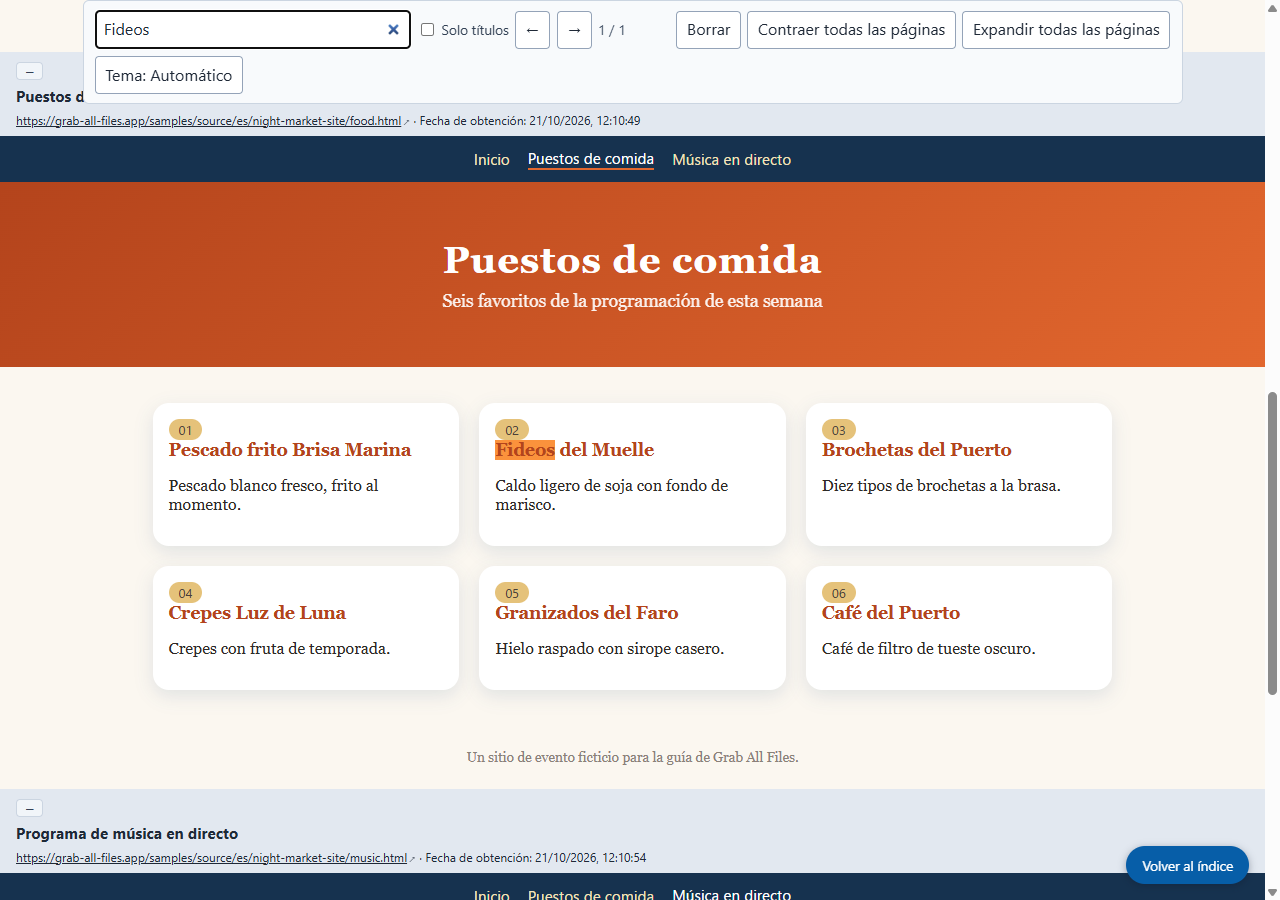 El HTML guardado, abierto y buscando «Fideos» (captura hecha por el sitio)