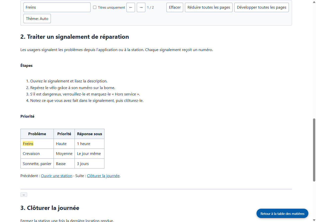 Le HTML enregistré, ouvert et recherché avec le mot « Freins » (capture réalisée par le site)