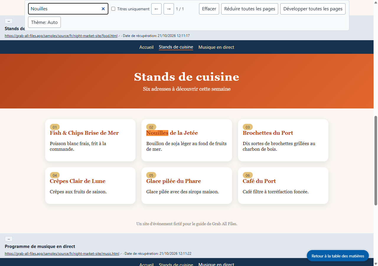 Le HTML enregistré, ouvert et recherché avec le mot « Nouilles » (capture réalisée par le site)