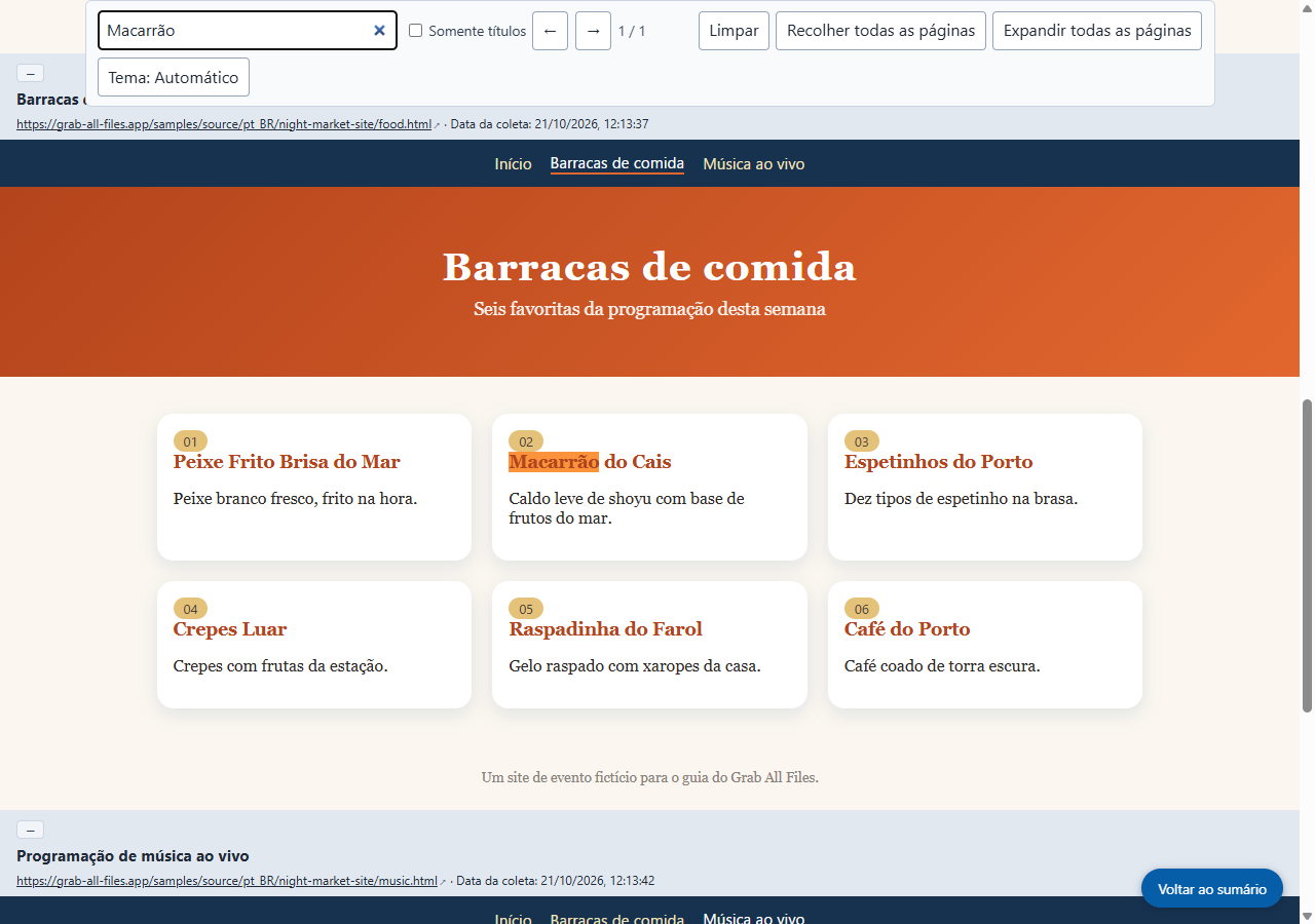 O HTML salvo, aberto e pesquisado por “Macarrão” (captura de tela feita pelo site)