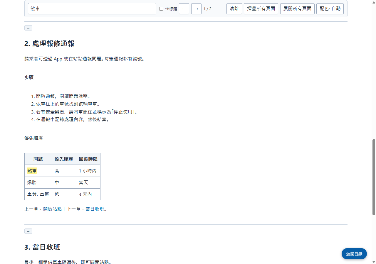 開啟已儲存的 HTML 並搜尋「煞車」（由本網站擷取的畫面）